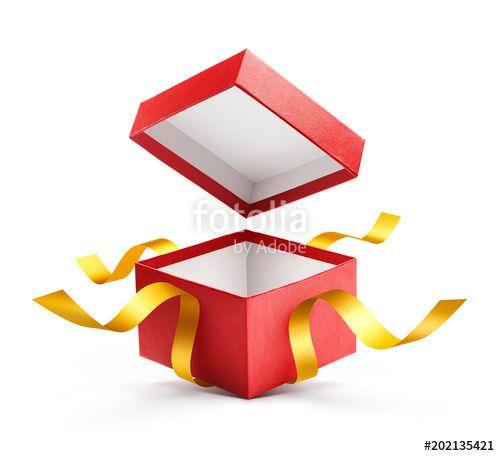 Red and Gold Ribbon Logo - Red open gift box with gold ribbon isolated
