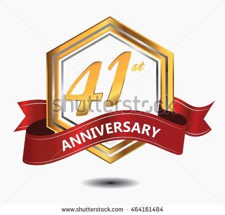 Red and Gold Ribbon Logo - 41st anniversary hexagonal style logo with gold and silver
