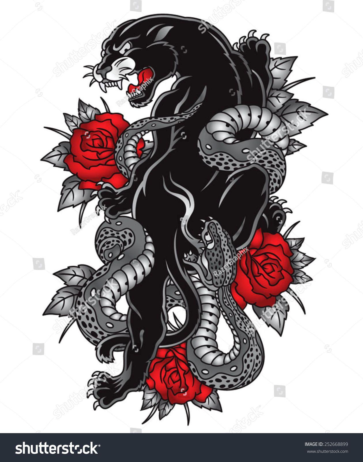 Black Panther Red Outline Logo - arm black panther with roses tattoo | Panther Snake Roses Tattoo ...