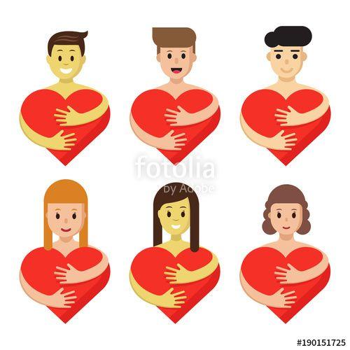 Red Person Logo - Set of characters hugging heart. Cartoon people hold red love