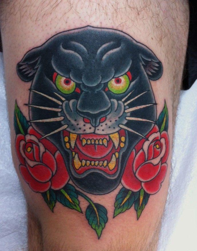 Black Panther Red Outline Logo - Red Roses And Panther Head Tattoo | Tats | Tattoos, Traditional ...