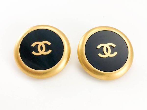 Black and Yellow Round Logo - Chanel Large Black And Golden Round Logo Earrings