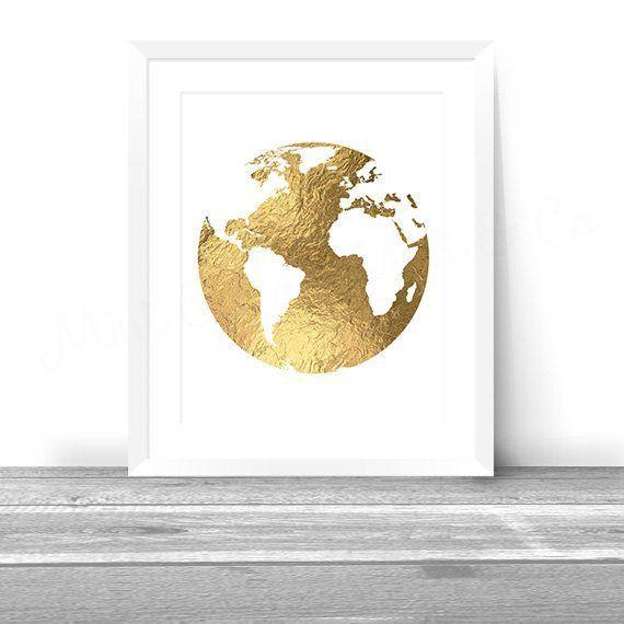 Gold Foil Globe Logo - Golden Globe, Gold Foil World Map Printable, Wall Art Decor, INSTANT