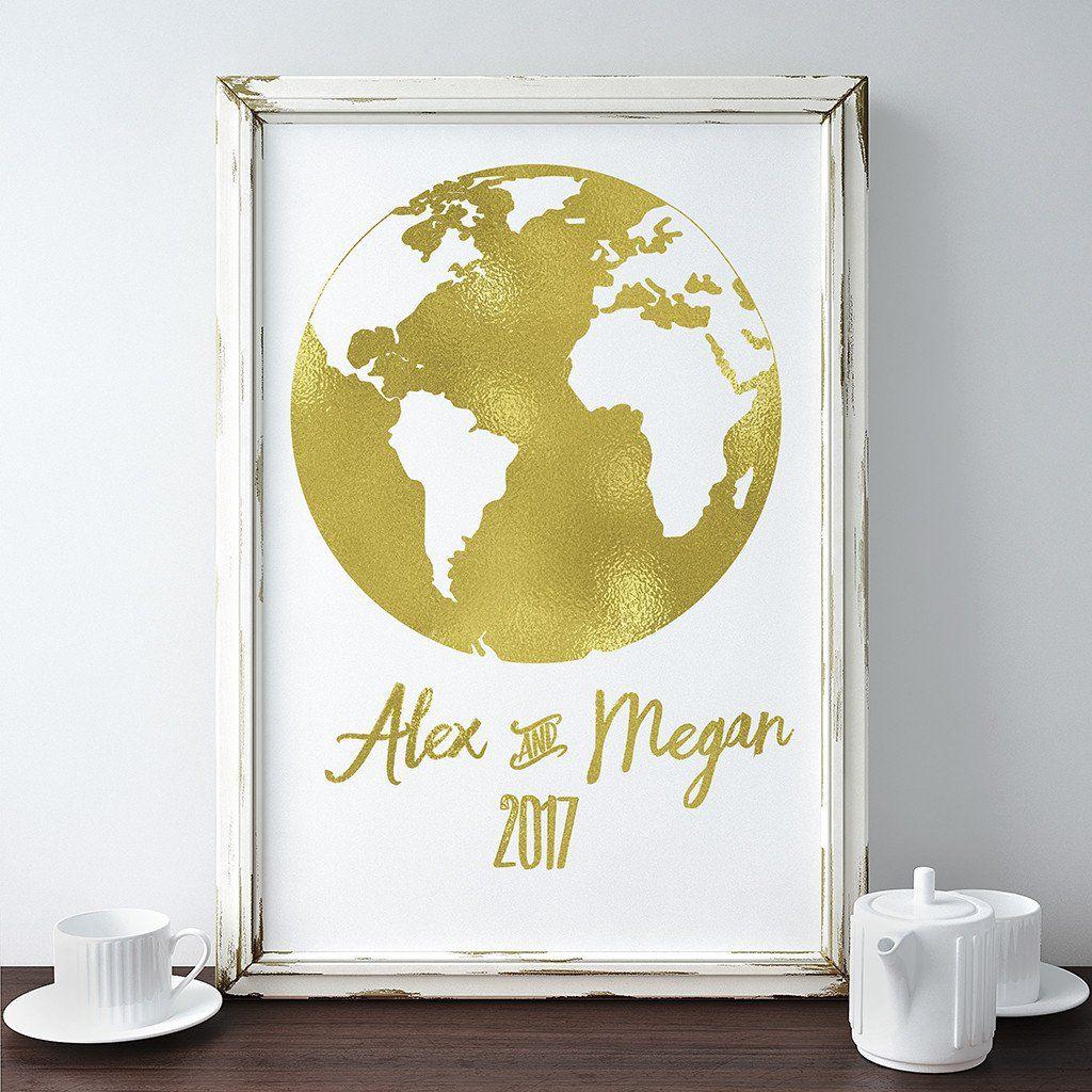 Gold Foil Globe Logo - Buy Gold Foil World Map Date and Names Print at Word Signs Decor