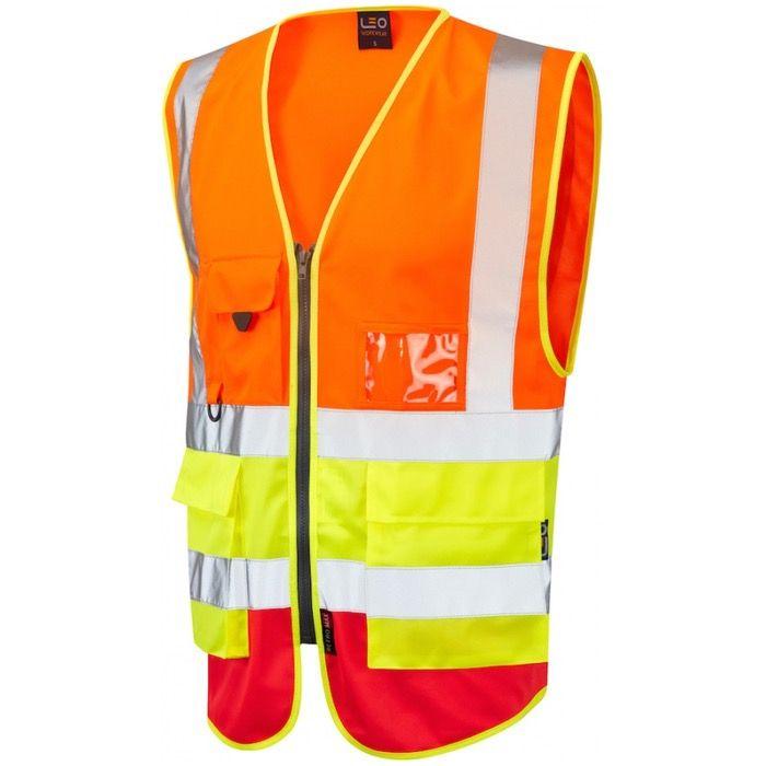 Red and Orange Y Logo - Leo Workwear W11 O Y R Lynton Hi Vis Superior Vest Orange Yellow