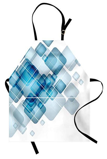 Round White with Blue Lines Logo - Lunarable Abstract Apron, Blue Colored Squares