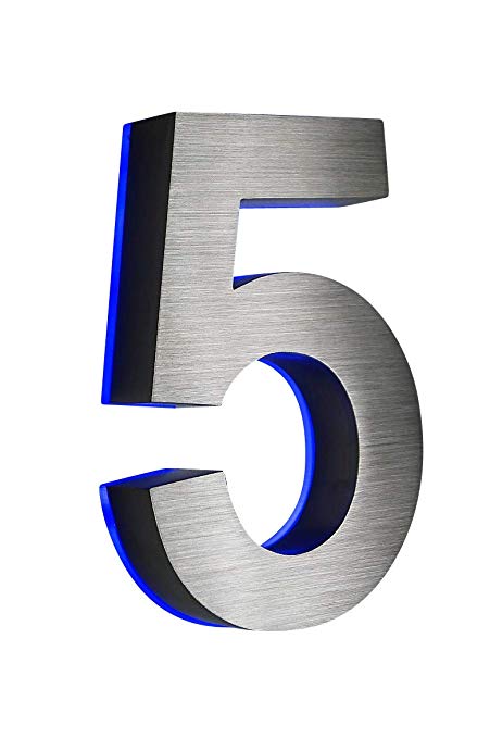 Blue Number 5 Logo - Stainless Steel House Number 5 in 3D Illuminated H18 cm x 180 mm LED ...
