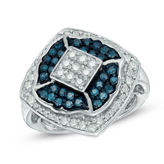 Blue Tilted Square Logo - CT. T.W. Enhanced Blue and White Diamond Tilted Square Ring