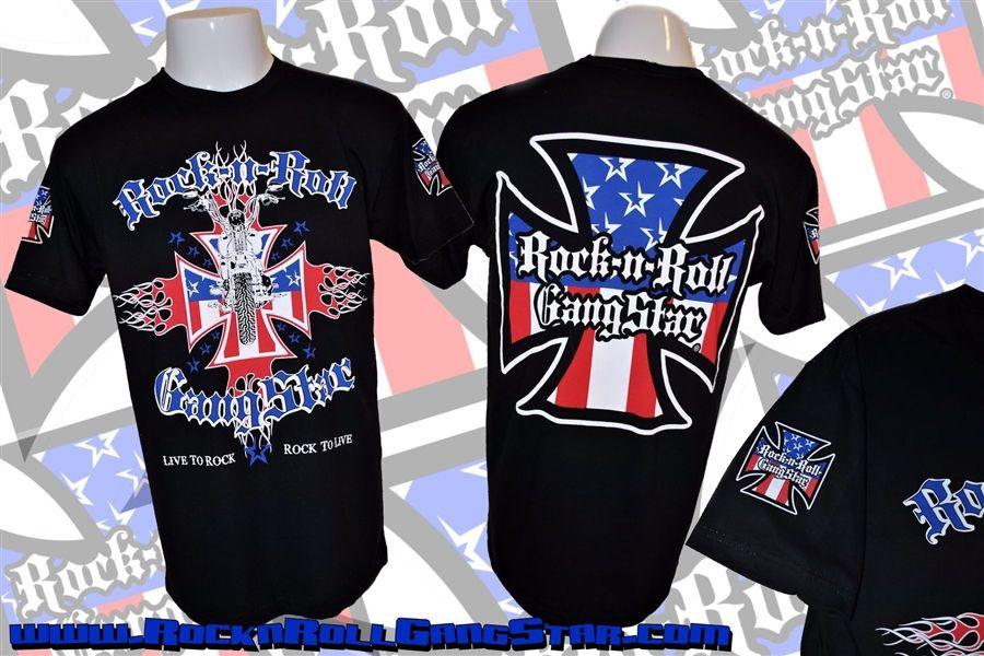 Red White and Blue Clothing and Apparel Logo - Biker Cross V2 Red White and Blue Mens T Shirt Black Rock n Roll