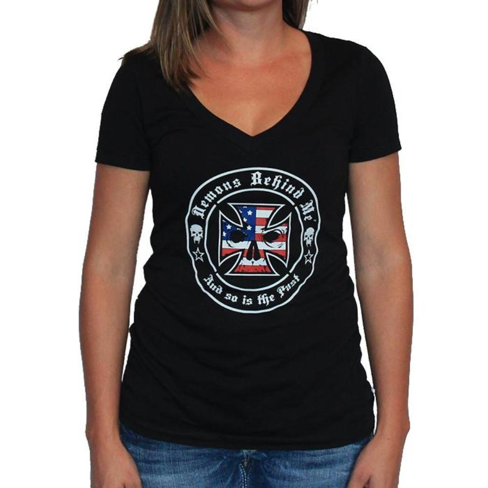 Red White and Blue Clothing and Apparel Logo - Women's Deep V Black T-Shirt - Red, White & Blue Ink – Demons Behind ...