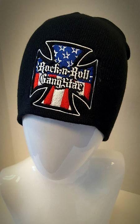 Red White and Blue Clothing and Apparel Logo - Red White & Blue Iron Cross Stretch Beanie Biker Heavy Metal ...