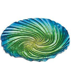 Blue and Green Swirl Logo - Blue Green Swirl Art Glass Bird Bath Feeder NEW iridescent wavy bowl