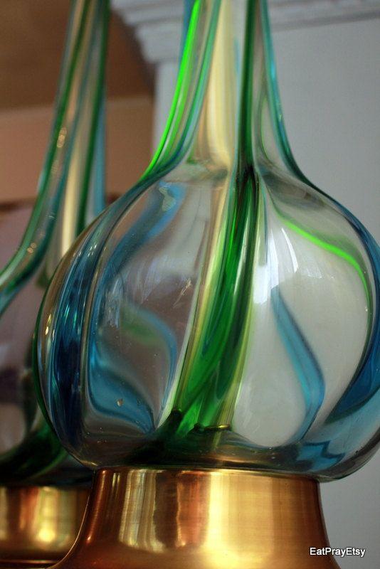 Blue and Green Swirl Logo - RESERVED for ERICA Murano Lamps Tall Mid Century Glass Italian Glass