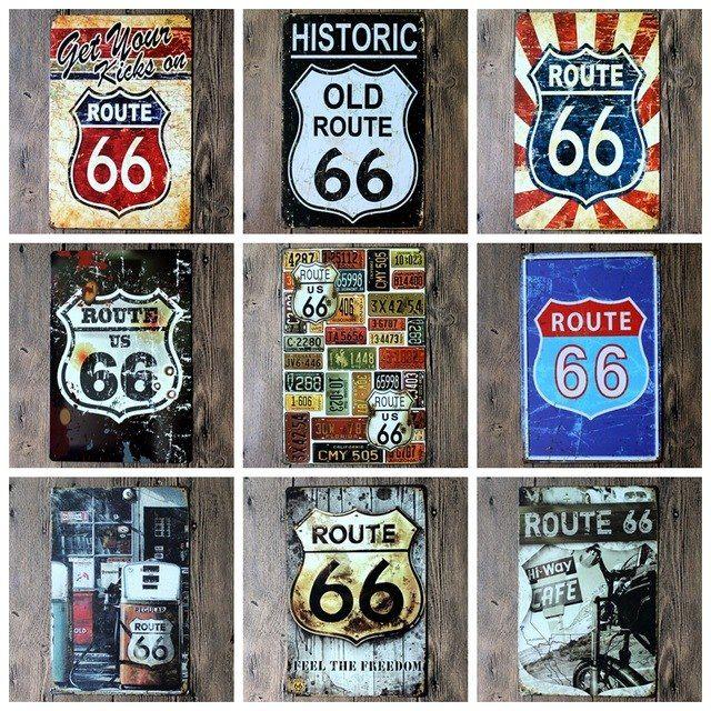 Vintage Painting Logo - Route 66 Logo Plaque Vintage Metal Painting Wall Sticker Iron Sign ...