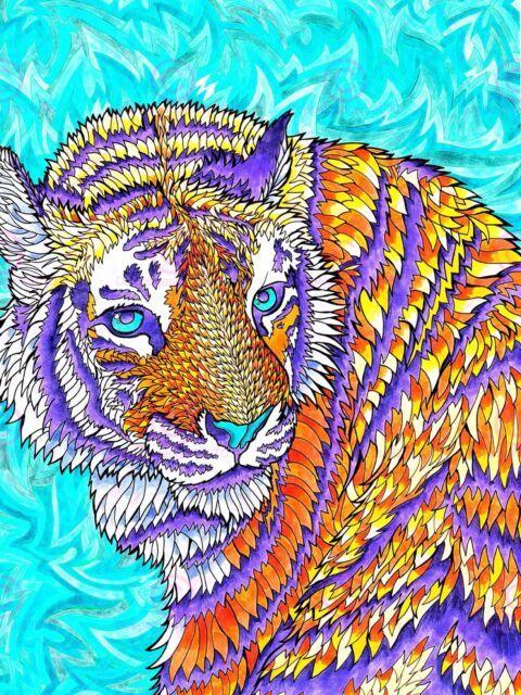 Blue and Orange Tiger Logo - Painting Illustration Trippy Tiger Eyes Blue Orange Drawing Poster ...