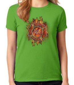 Green Flaming Logo - No.1 Fire Dept EMT Ladies T-shirt Flaming Firefighter Logo Women's ...