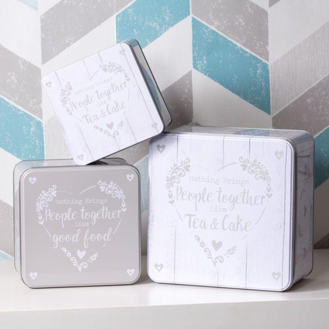 3 People in Blue Square Logo - Set of 3 Vintage Heart Square Cake Storage Tins Carriers Caddies