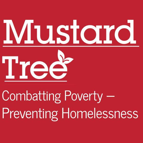 Red Square with White Tree Logo - Mustard Tree square white on red logo. Recycle for Greater