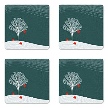 Red Square with White Tree Logo - Lunarable Apple Coaster Set of Four, Abstract Art