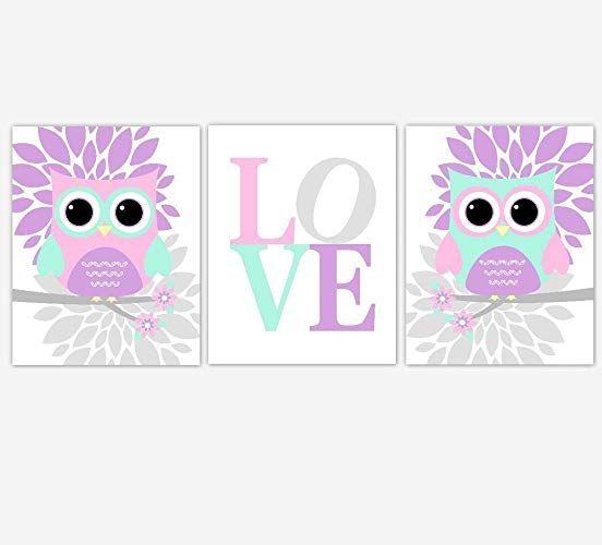 Purple and Green Owl Logo - Pink Purple Mint Green Owl Baby Girl Nursery Art Mum