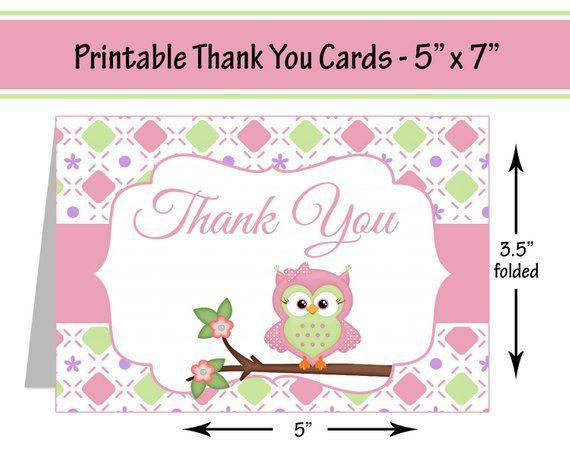 Purple and Green Owl Logo - Printable Baby Shower Thank You Cards - Folding Cards - Pink Green ...