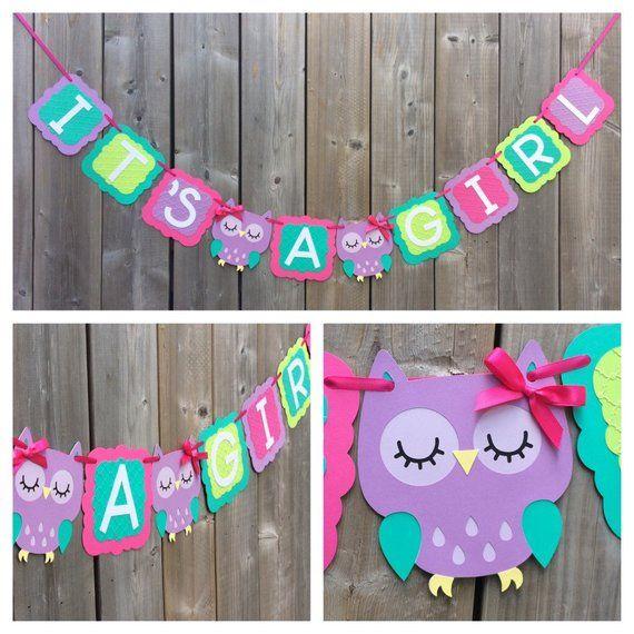 Purple and Green Owl Logo - IT'S A GIRL Owl banner pink purple owl banner baby | Etsy