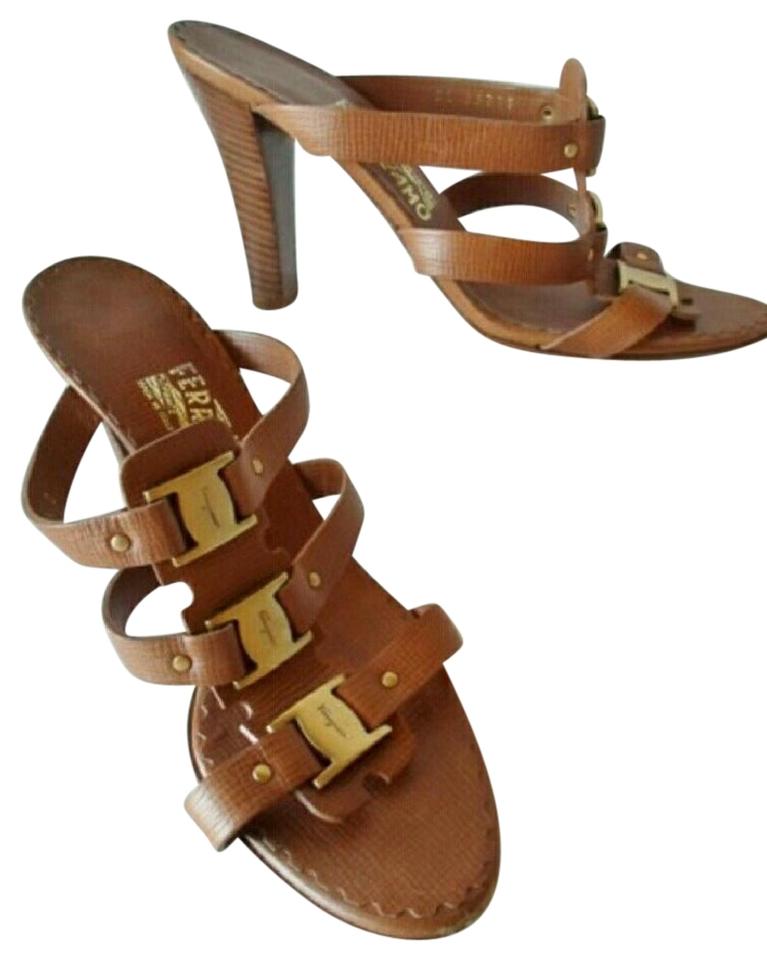 Gold Ferragamo Logo - Salvatore Ferragamo Brown and Gold Heeled Logo Camel Slide Sandals ...