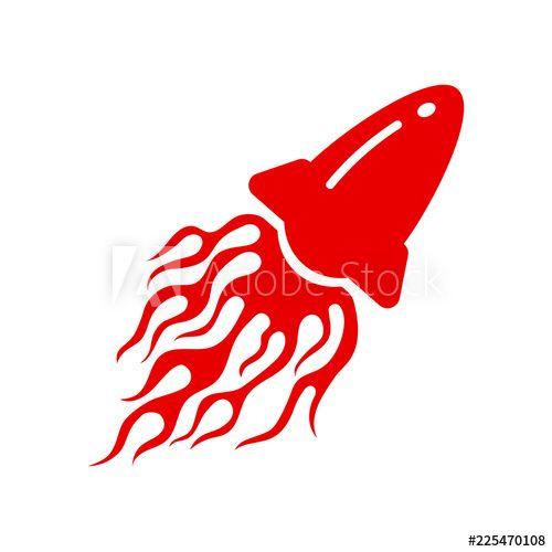 Red and White Ship Logo - Vector rocket burning flames exhaust. Cartoon red space ship launch