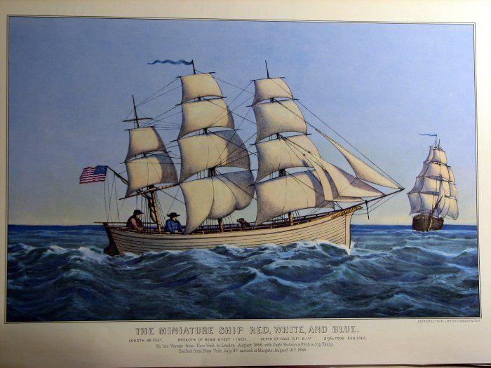 Red and White Ship Logo - The Miniature Ship Red, White, and Blue by Currier & Ives