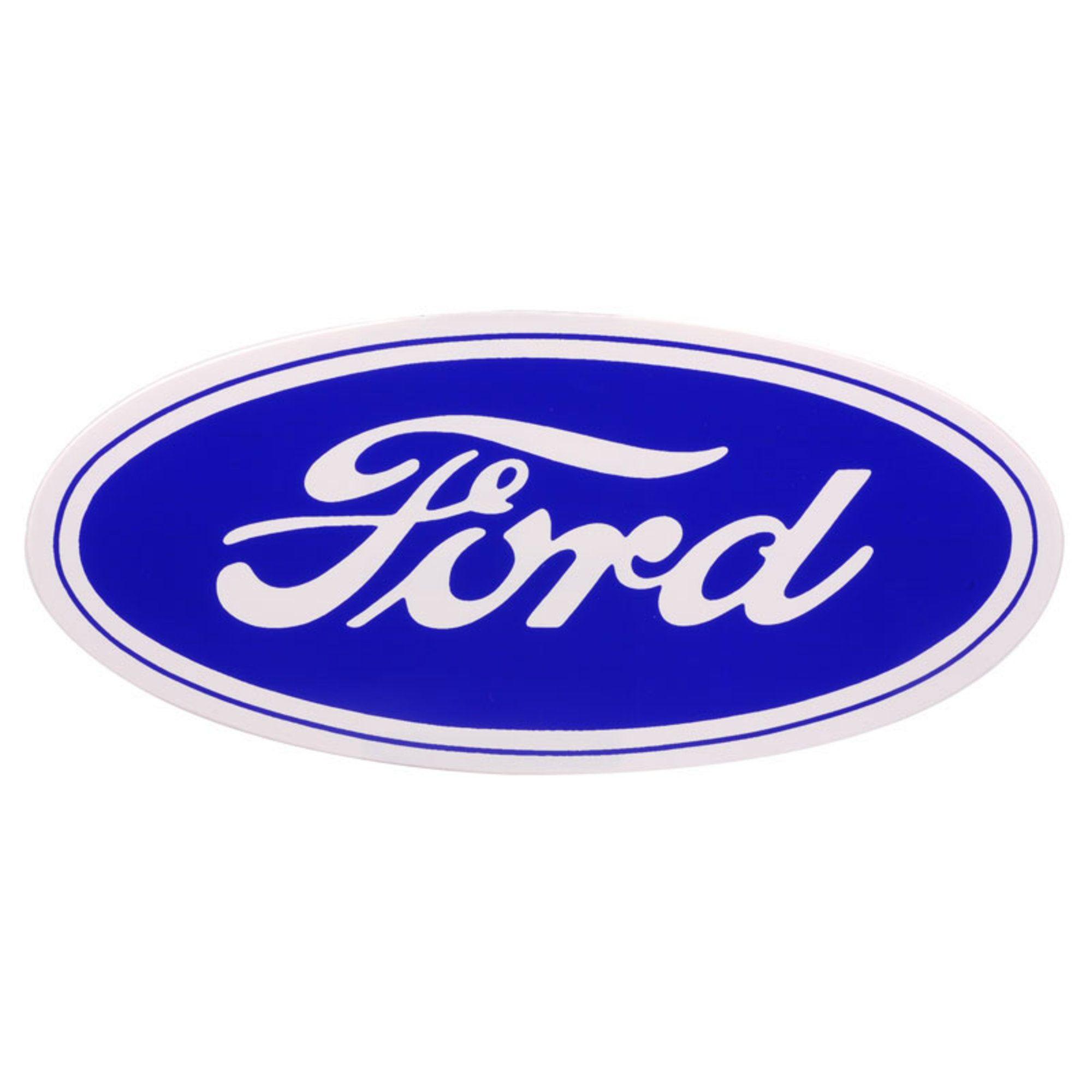 White and Blue Oval Logo - 12 Ford Script Sticker on White Background. Dennis