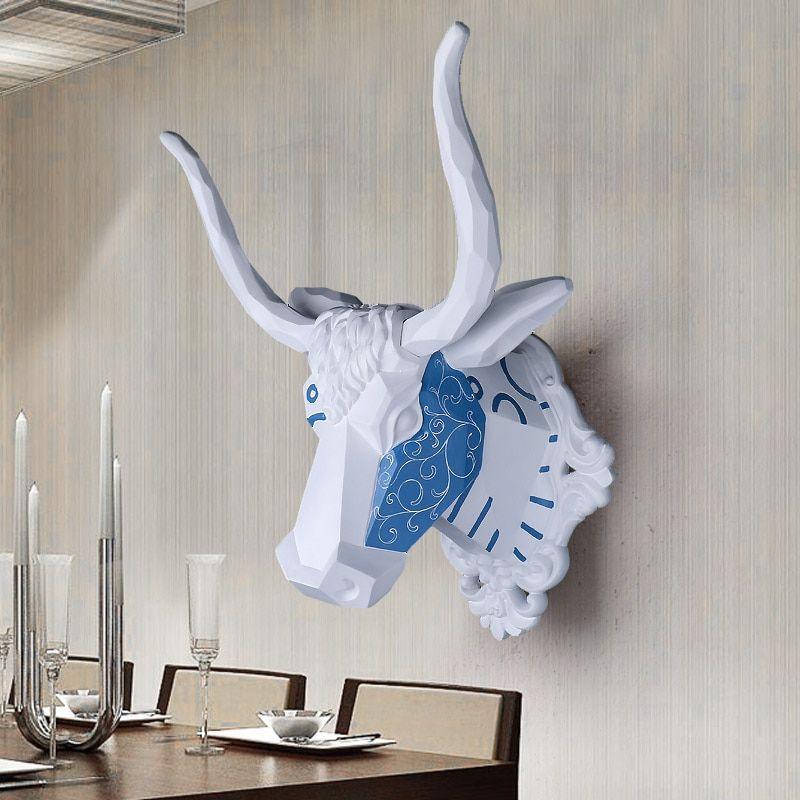 Blue and White Bull Logo - EALISEN wall mounted blue and white bull head trophy wall art plaque