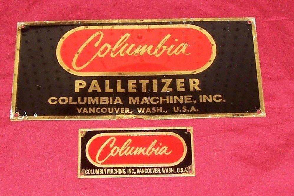 Columbia Machine Logo - 2 Columbia Machine Signs Sign Palletizer Old Vintage Brass Enamel Equipment  Ad | eBay