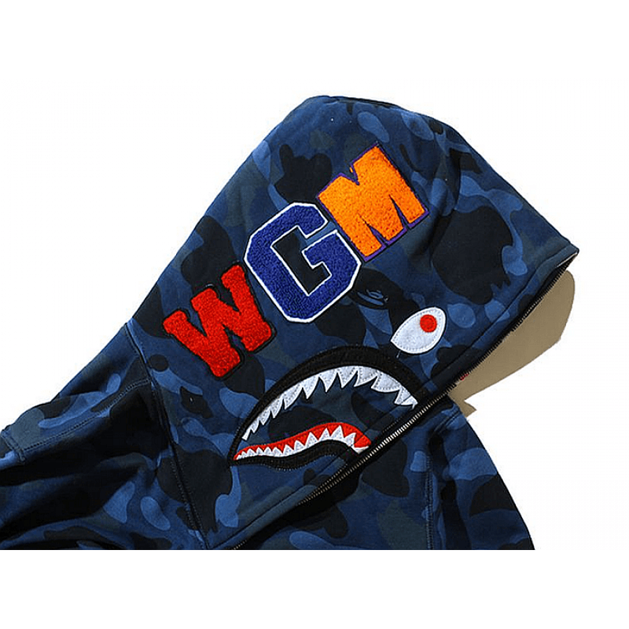 WGM BAPE Shark Logo - A Bathing Ape Bape WGM Camo Shark Hoodie (Blue)