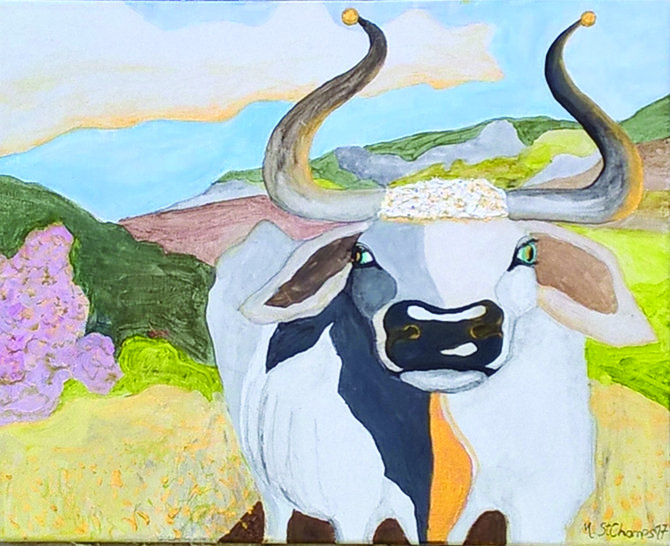 Blue and White Bull Logo - Istrian white bull boskarin, 3.rd prize at Extempore in Hrastovlje