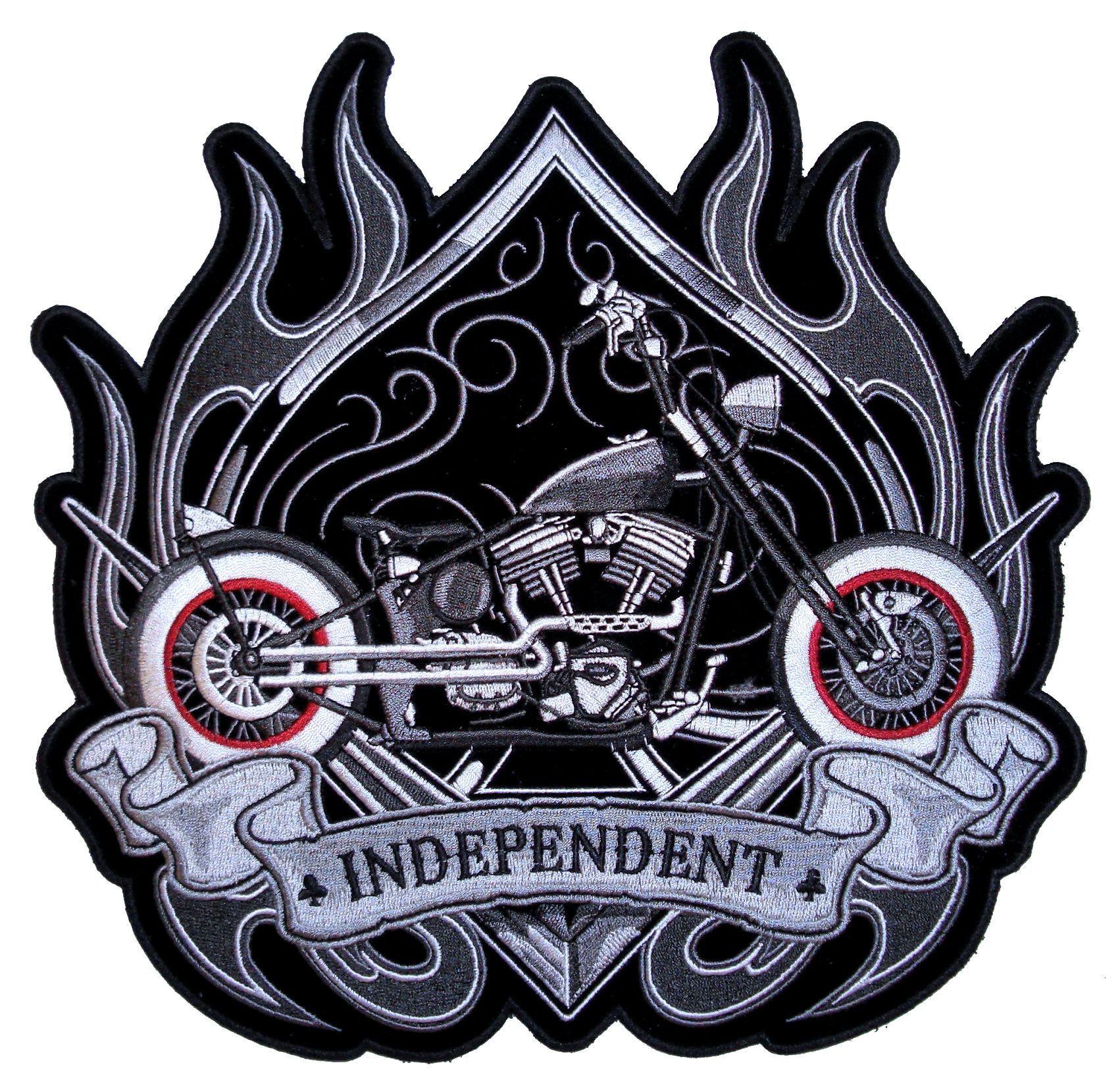 Biker Motorcycle Logo - Large Independent Motorcycle Flames Spade Mens Embroidered Biker ...