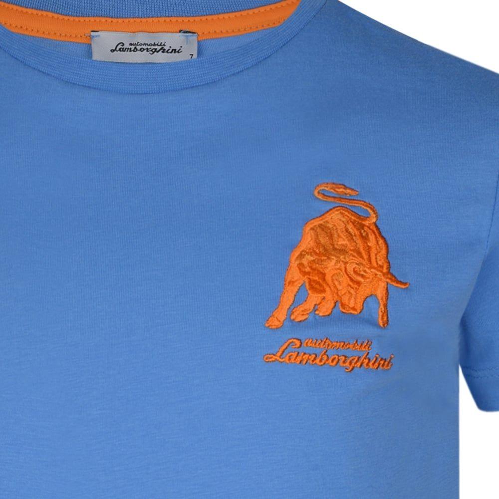 Blue Orange T-Shirts With Logo - Lamborghini Boys Blue T Shirt With Orange Embroidered Logo And Roman