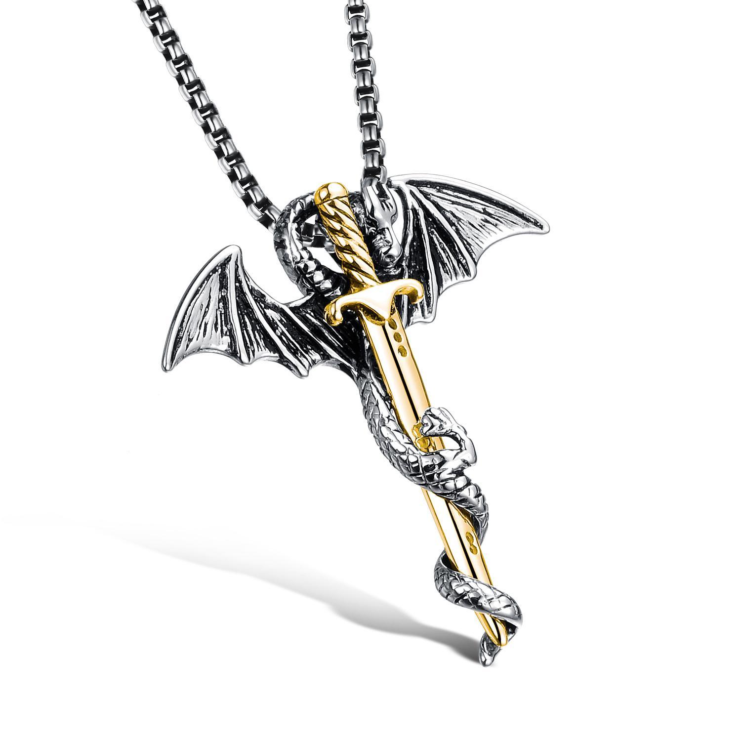 Cool Gold Dragon Logo - Wholesale Punk Dragon & Sword Men Pendant Necklace Cool Gold Color ...