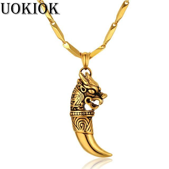 Cool Gold Dragon Logo - Men's Necklace Dragon Wolf Tooth Pendant With Stainless Steel Chain ...