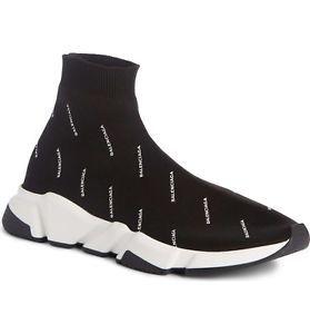 Black and White Shoe Logo - Balenciaga Speed Sock Men's Trainers All Over Logo Black / White