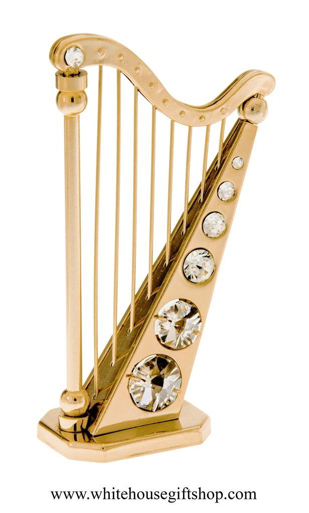 Gold Harp Logo - Desk Model, Gold Classic Harp Instrument Desk Model, SwarovskiÂ