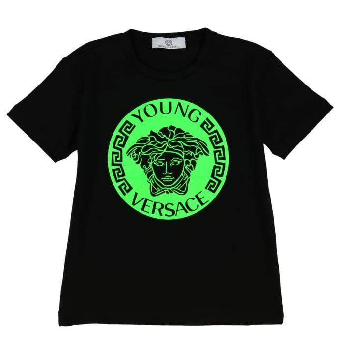 Neon Green and Black Logo - Young Versace Boys Black T Shirt With Neon Green Logo