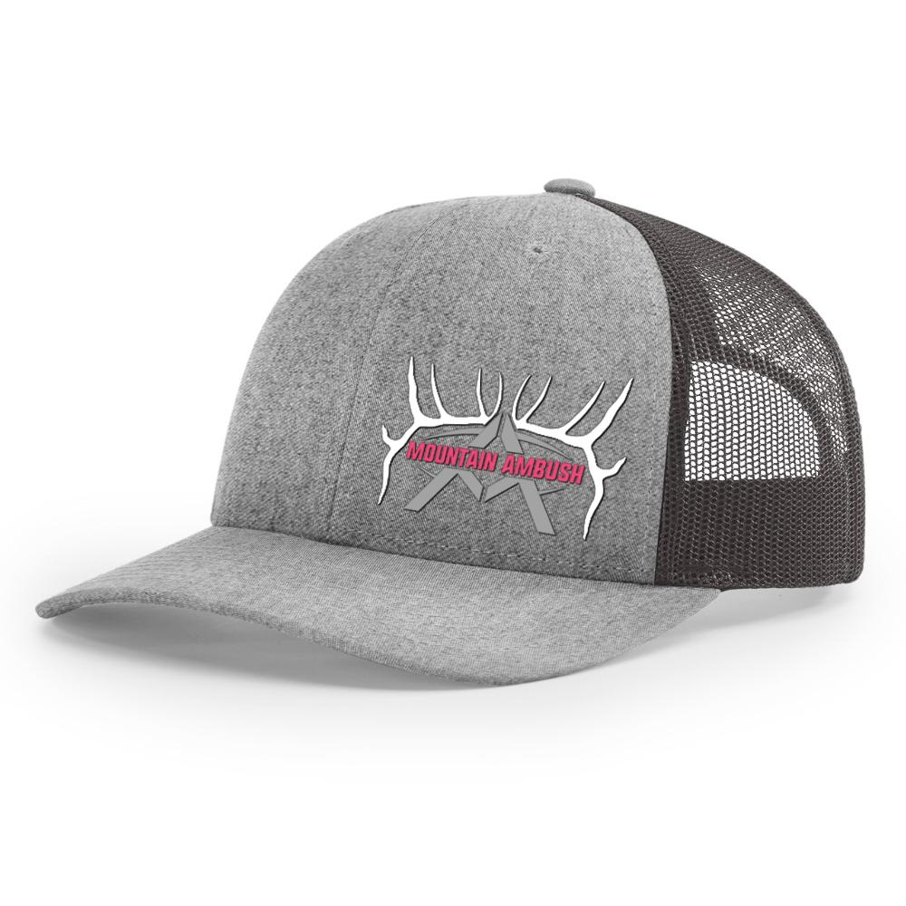S M for Mountain Logo - Mountain Ambush LowPro Trucker Heather Grey Hat (PINK) Size SM (6 1