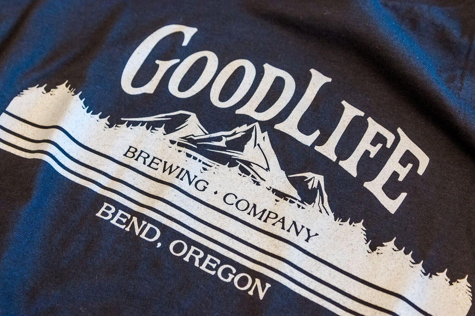 Mountain Range Logo - Men's light blue t-shirt with Navy GoodLife logo, bend beer gear at ...