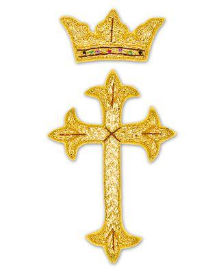 Gold Cross with Crown Logo - CM Almy. Gold Metallic Cross and Crown Applique 827