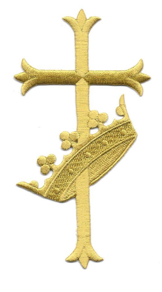 Gold Cross with Crown Logo - Fleur Cross W Crown Liturgical Vestment Embroidered Iron On Symbol
