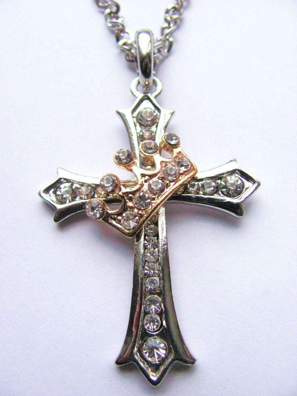 Gold Cross with Crown Logo - Classic Style Gold Crown & Silver Cross Pendant Necklace Genuine