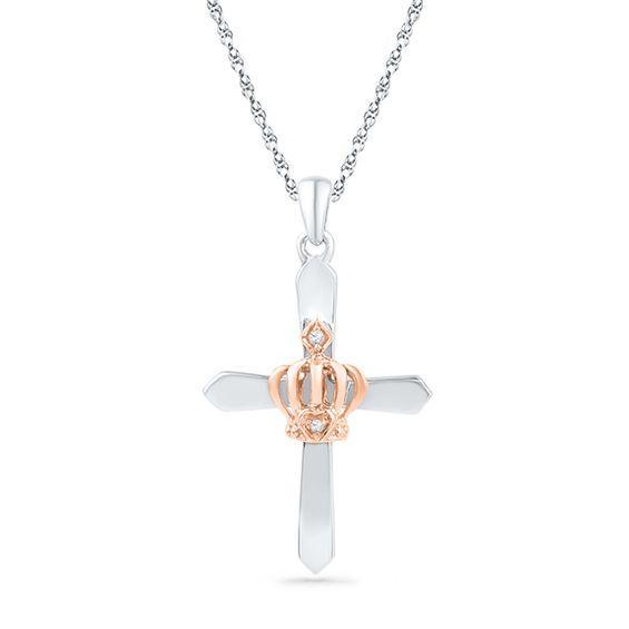 Gold Cross with Crown Logo - Diamond Accent Cross with Crown Pendant in Sterling Silver and 10K ...