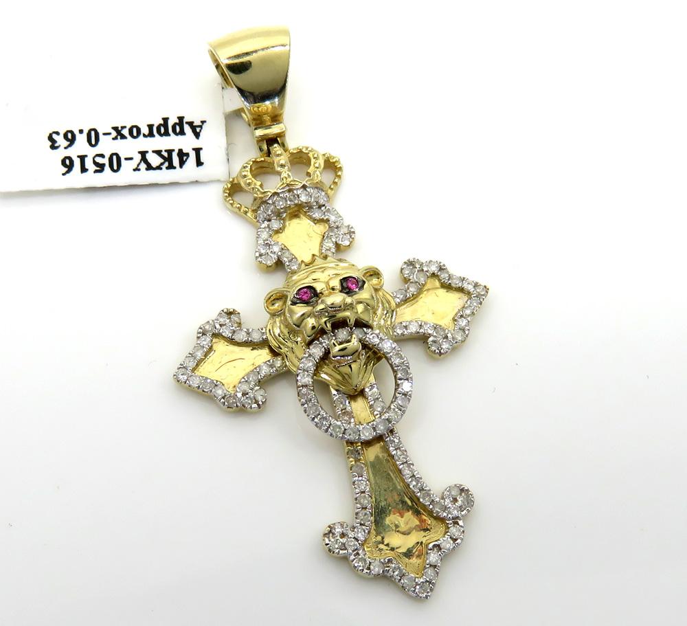 Gold Cross with Crown Logo - 14K Yellow Gold Crown Lion Head Diamond Cross Pendant 0.63CT