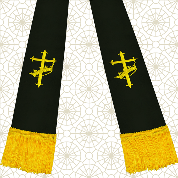 Gold Cross with Crown Logo - Black and Gold Satin Clergy Stole with Cross & Crown