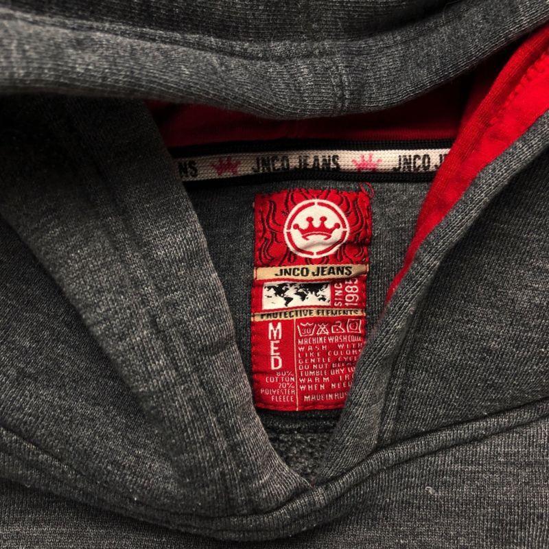 Grey with Red Lining Logo - Mens Vintage JNCO Jeans Hoodie Red Lining Gray Crown Embroidered ...